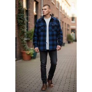 Wrangler Blue Black Buffalo Plaid Fleece Shirt Jacket Men Small Button shacket